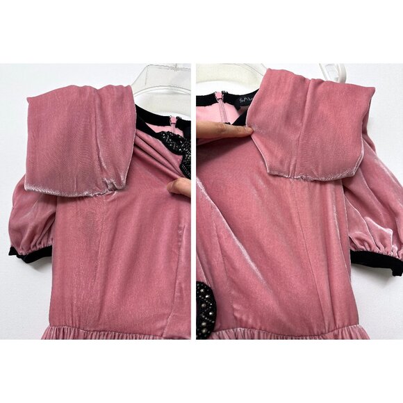 Saloni Camille Crystal Bow Liquid Velvet Midi Dress Rose Pink Black Beaded US 2 - Picture 14 of 16